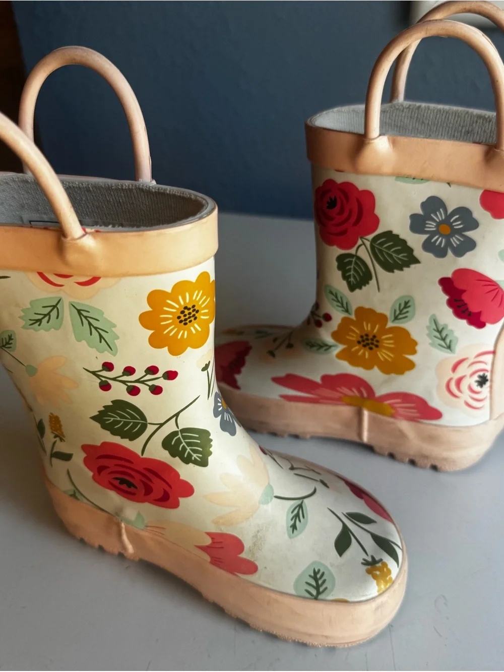wonder nation Cream Floral Kids Rain Boots with Pink Trim